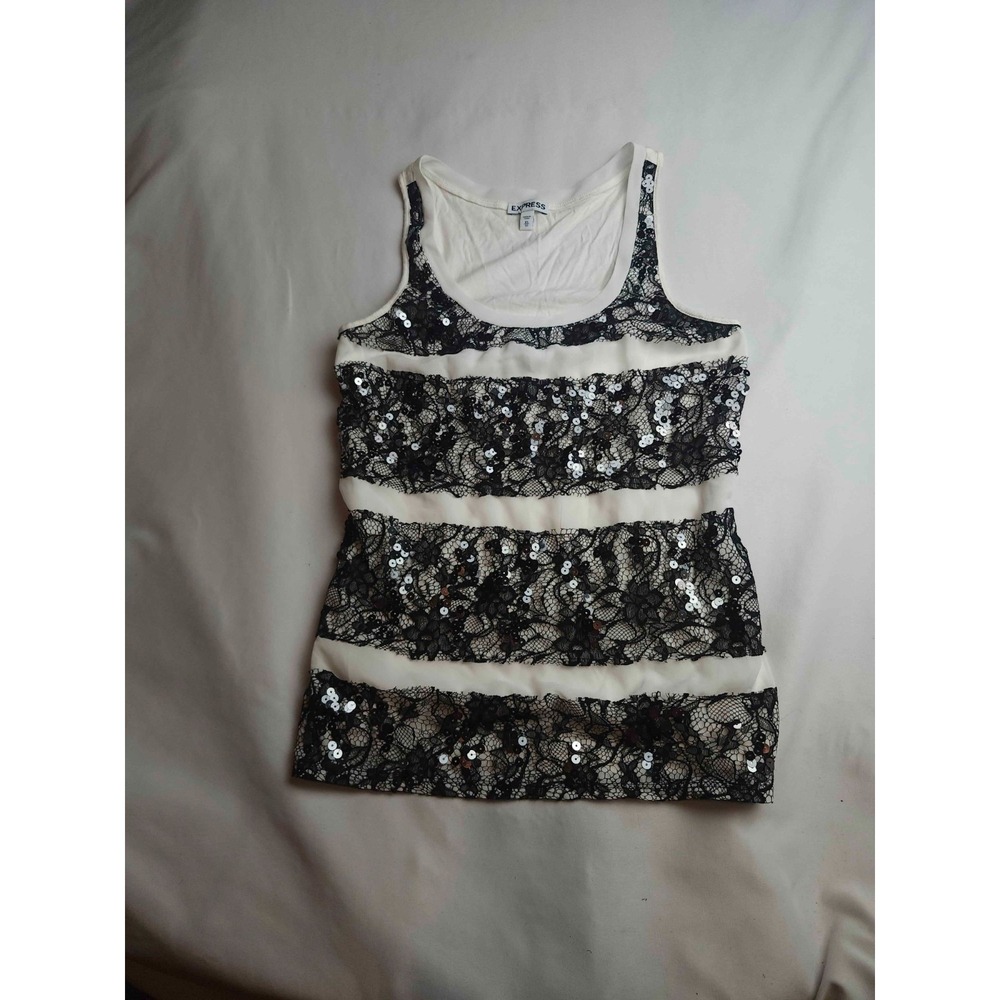 Express Tank Top Womens Size XS White Black Knit Sequins Lace Scoop Neck Party